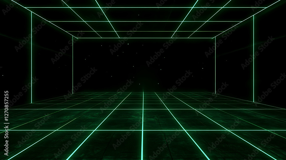 Poster virtual reality neon grid space with perspective illusion and abstract sci fi environment backdrop