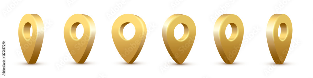 Poster golden map pins set. 3d gold pointers isolated on white background. location symbols in various angl