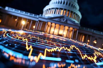 Capital Building with abstract financial market graph overlay for economic report