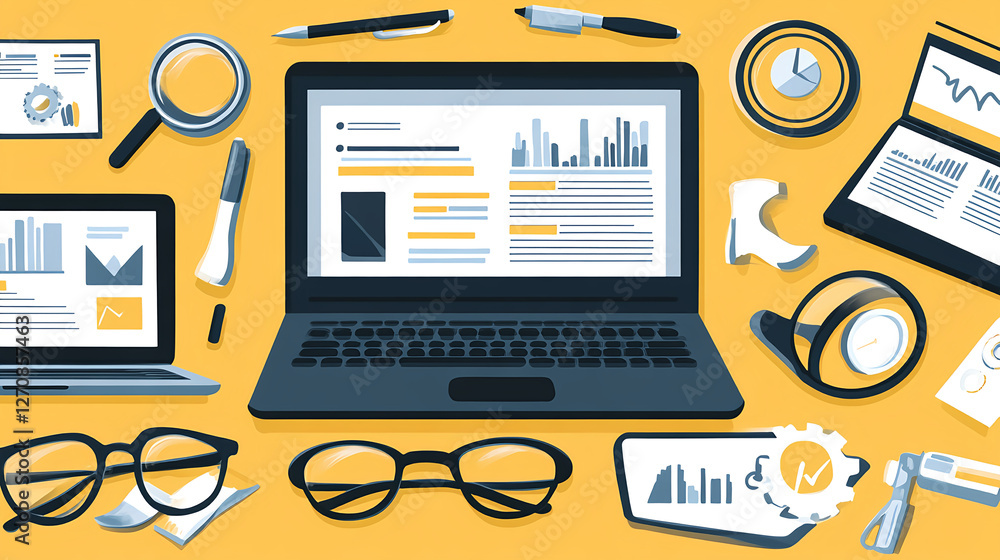Poster analyzing data trends in business reports digital workspace infographics modern office top-down view