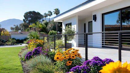 Modern Home Exterior with Wooden Railing and Colorful Landscaping
