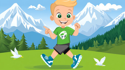 Obraz premium Child running joyfully in a mountain landscape nature illustration bright environment cheerful viewpoint