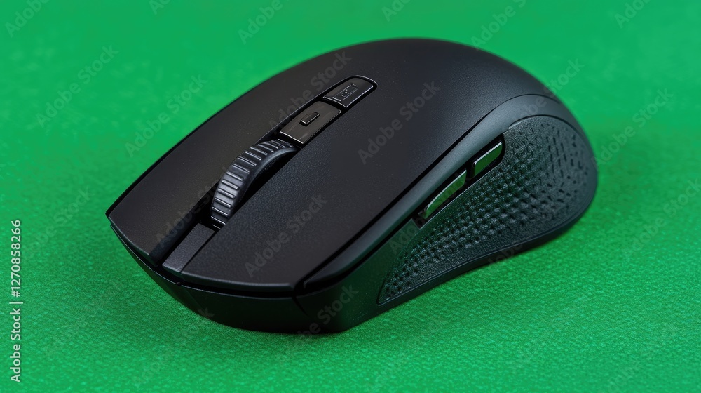 Poster high-performance wireless mouse with an extra-wide scroll wheel, placed on a vibrant green backgroun