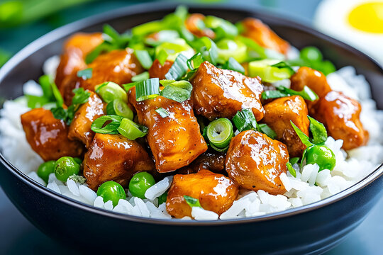 Chicken teriyaki with rice and peas, chopped scallions in a bowl for a quick meal
