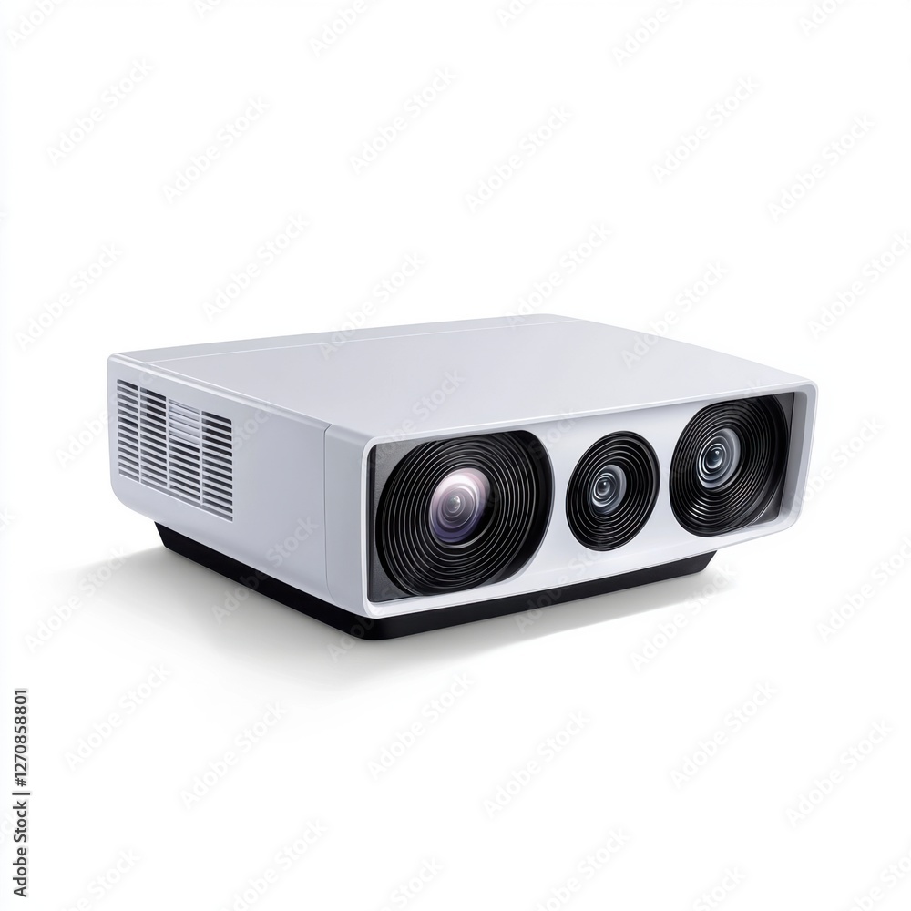 Poster modern white projector with multiple lenses ideal for presentations and entertainment in minimalist 