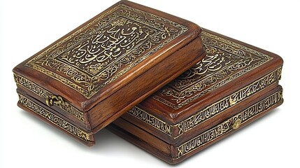 Fototapeta premium Ornate wooden boxes, Arabic calligraphy, white background, gift packaging