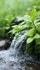 Clear stream flows down mossy rocks under lush greenery. Natural freshness concept