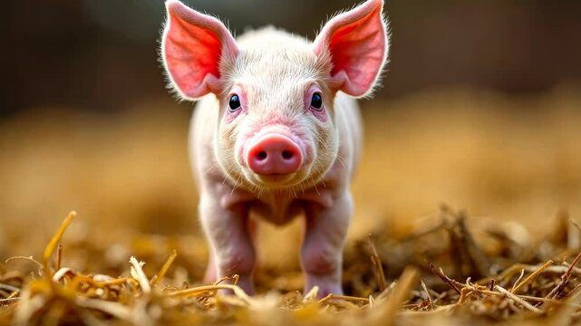 4k footage pink pig in pen in front of camera