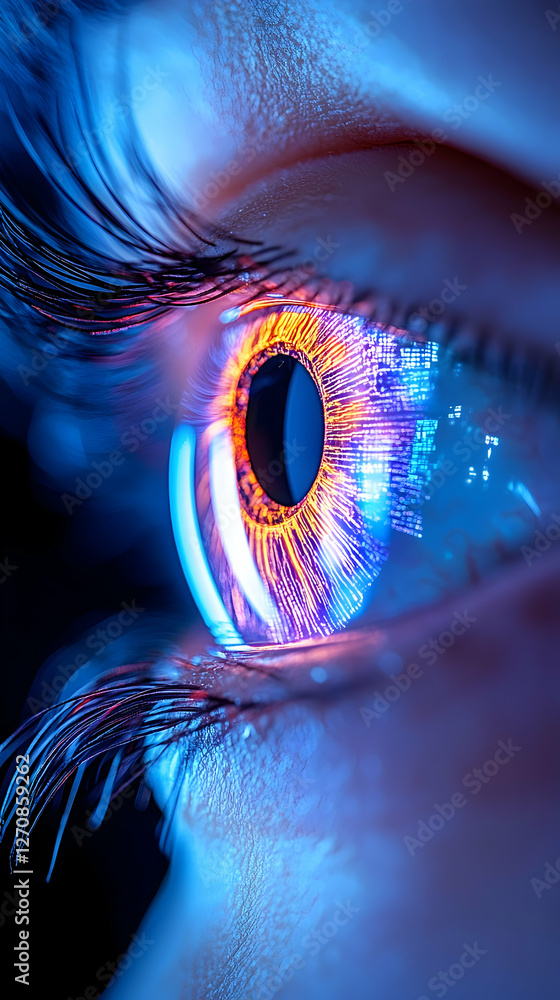 Poster close-up of a vibrant human eye displaying tech interface elements for visual use