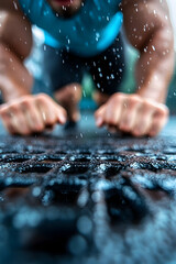 Close-up of an athlete exercising in a rainy outdoor setting with blurred background