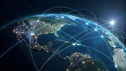 Earth from space with illuminated global network connections. Global communication concept. Created with Ai