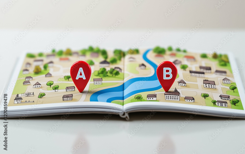 Poster Map with location points A and B on travel map showing directions. Travel map with location points and river. Map with location points A and B