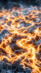 Close-up of molten lava flowing, background blur, depicting heat and geological activity