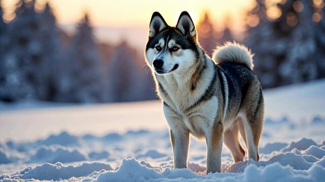 4k footage of a husky dog in the snow in the north