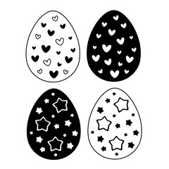 Retro Groovy Easter eggs clipart set. Black and white Easter doodle in cartoon flat style. Hand draw vector illustration