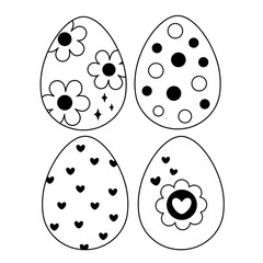 Retro Groovy Easter eggs clipart set. Black and white Easter doodle in cartoon flat style. Hand draw vector illustration