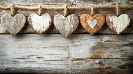 Rustic wooden hearts hanging from rope against aged wooden backgrounds, perfect for romantic themes, weddings, or Valentine's Day, with a natural, farmhouse-style aesthetic and a cozy, nostalgic feel.