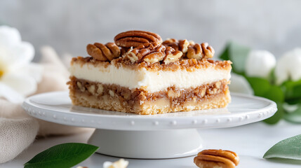 A decadent pecan cheesecake bar with a crunchy nut topping, served on a white cake stand with floral decor.