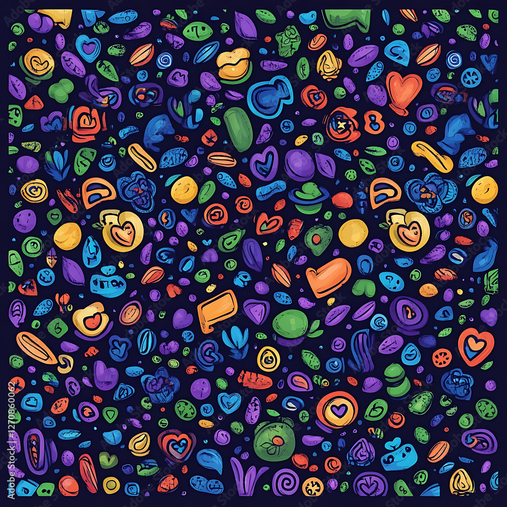 Poster whimsical scatter of colorful shapes and objects on a dark background patterned artistic design