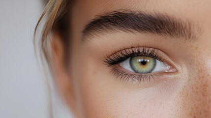 Naklejka premium A highly detailed close-up of a woman’s green eye with long eyelashes and well-groomed eyebrows, reflecting natural beauty.