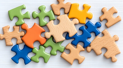 Obraz premium Colorful jigsaw puzzle pieces scattered on white surface. Teamwork concepts