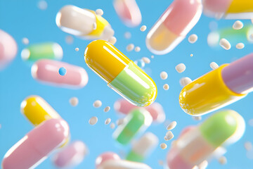 Colorful pills falling on blue background for medical or pharmaceutical use