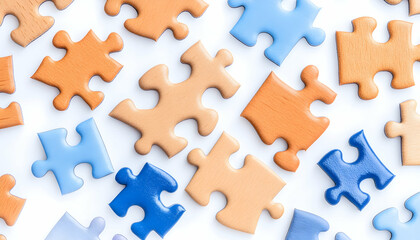 Colorful puzzle pieces scattered on white show connection, unity, teamwork, and solution