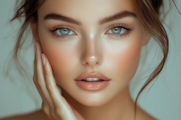Beautiful model with flawless skin showcasing natural makeup and captivating blue eyes in soft lighting