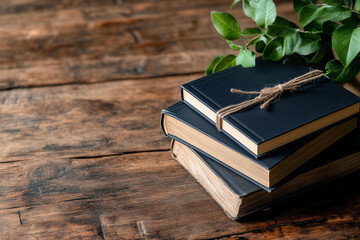 A stack of vintage hardcover books tied with twine, placed on a rustic wooden table with green leaves in the background.