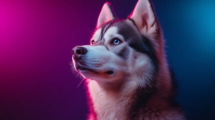 A striking Siberian Husky dog portrait with blue eyes, illuminated by neon pink and blue lighting.