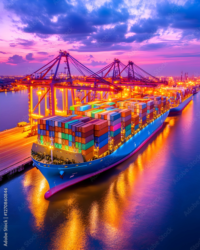 Poster container ship docked at port at dusk loading cargo for global distribution