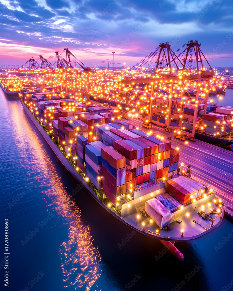 Poster container ship at port with lights on, cranes in background. possible shipping use