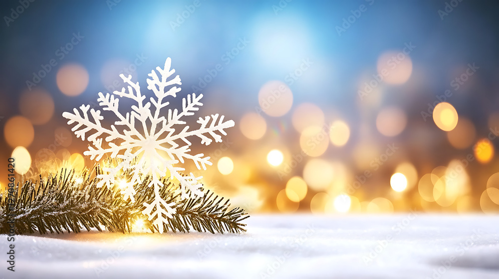 Poster winter snowflake adornment on evergreen branch over snowdrift with bokeh background festive cheer