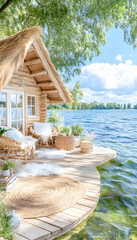 Fototapeta premium Cozy cottage on lake terrace, tranquil scene, trees, water, sunny day. Tourism