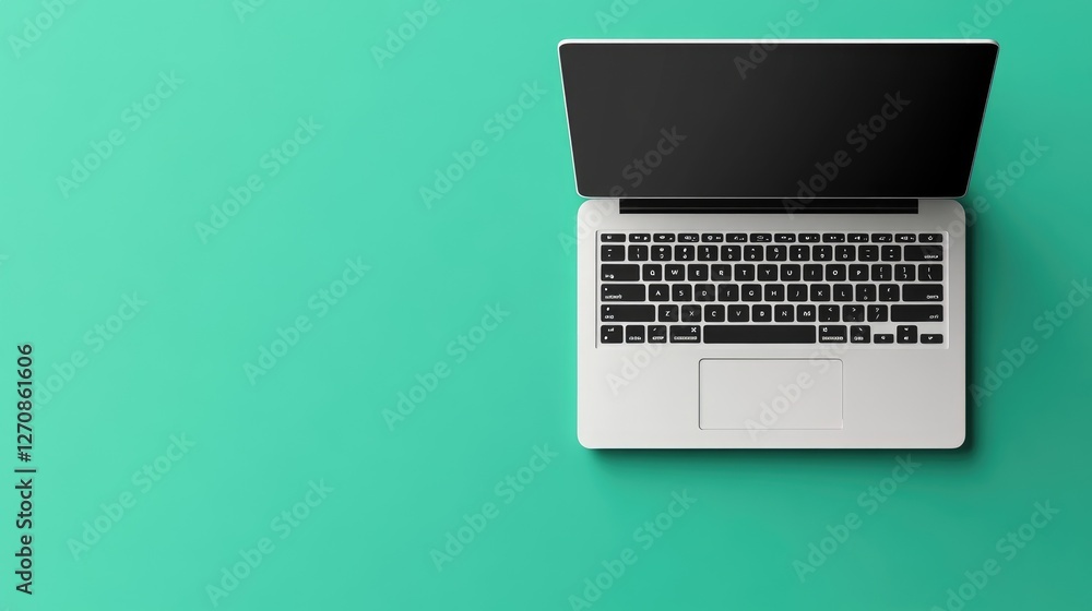 Poster laptop with a matte display and professional keyboard, placed on a green backdrop, representing prod
