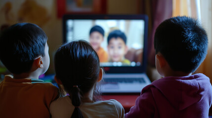 Fototapeta premium Three children watch a movie on a laptop, immersed in the screen, sitting close together in a cozy home setting.