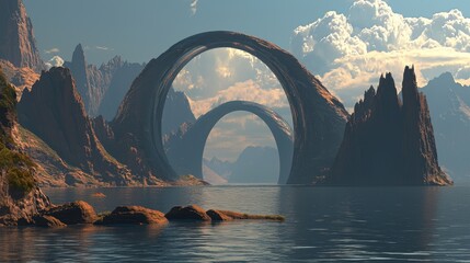 Fototapeta premium A surreal dreamscape with vast, calm ocean waters, floating mirror arches, and towering rocky mountains in the distance.