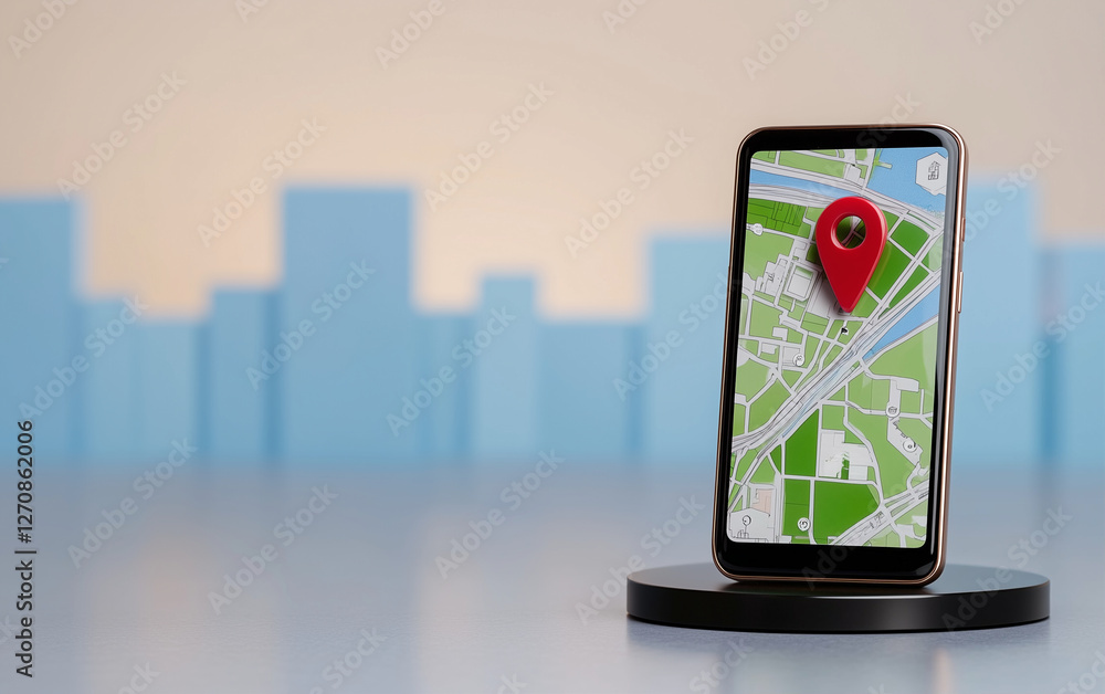 Poster smartphone with map and location pin on display stands on a black platform in front of a blurred cit