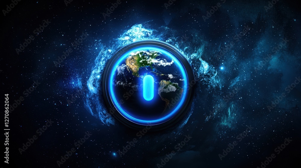 Poster a surreal space composition featuring planet earth and an illuminated power button, symbolizing rene