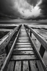 Obraz premium Wooden footbridge to sandy beach in Armacao de Pera coastal town, Algarve region, Portugal