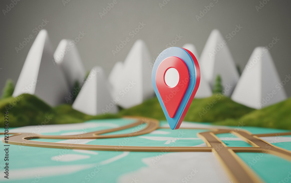 Poster Map pin location on map with mountains. Map pin on a road map with location and destination. Map pin location with mountains background