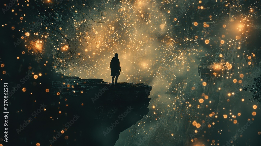 Poster a surreal space scene featuring an astronaut exploring a mysterious cosmic environment filled with s