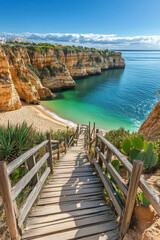 Naklejka premium Wooden footbridge to sandy beach in Armacao de Pera coastal town, Algarve region, Portugal