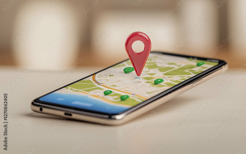 Poster Smartphone with Map and Location Pin on Screen showing location tracking. Smartphone map displays location tracking with location pins. Mobile navigation app showing location tracking
