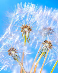 Obraz premium Dandelion seeds macro shot with blue sky background used for natural beauty concept