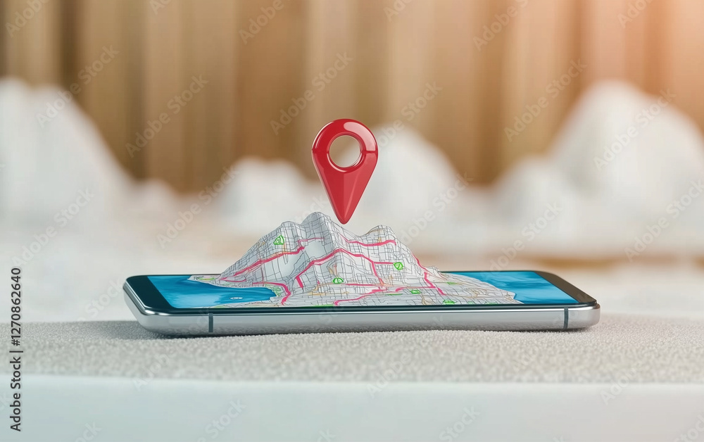 Poster Smartphone displaying map with location pin. Mobile phone shows map with red location pointer above it. Navigation app on smartphone with map