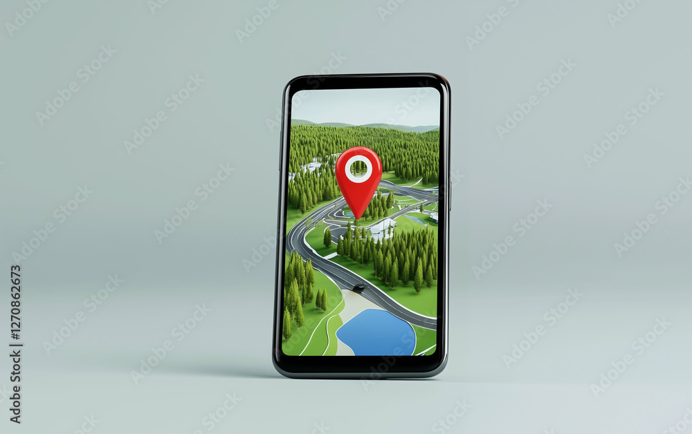 Poster Smartphone displaying a map with a location pin. The map on the smartphone shows roads trees and a lake pinpointing a specific location. Navigation app on mobile phone showing map and location pin