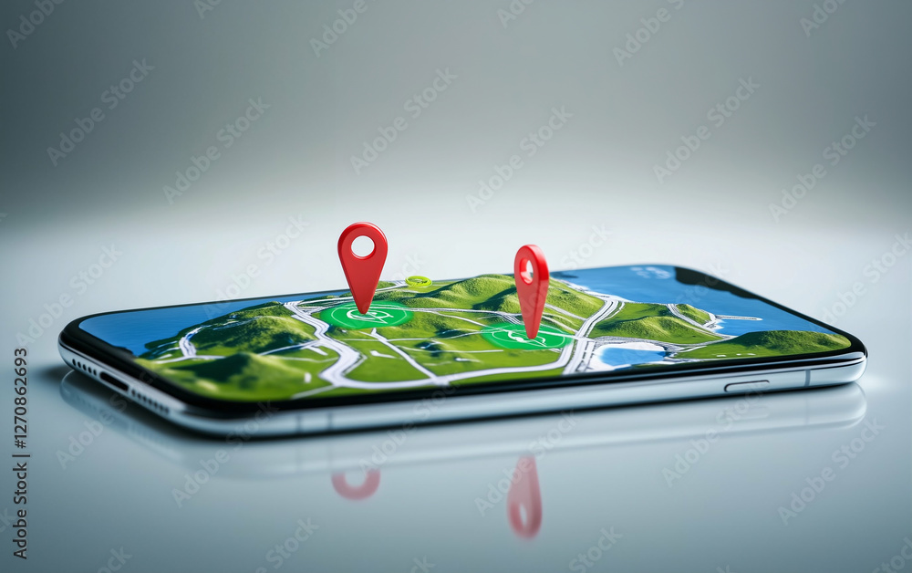 Poster Smartphone displaying map with location pins. Smartphone showing a map with red location pins on the screen. Mobile navigation app with destination markers
