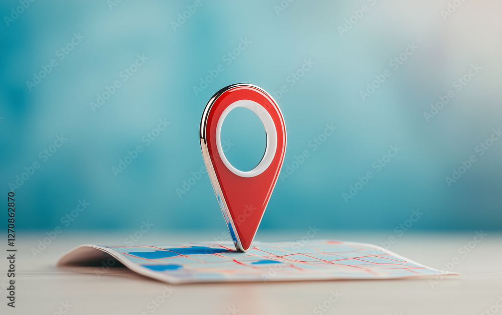 Poster map pin on map shows location. red map pin points to a location on a map