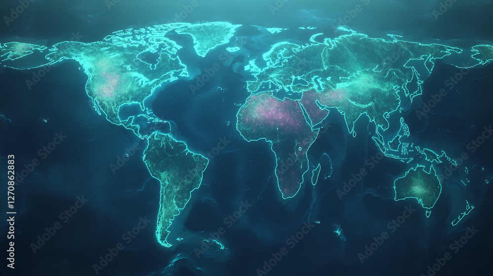 Poster world map with glowing borders highlighting global connectivity and data network visualization